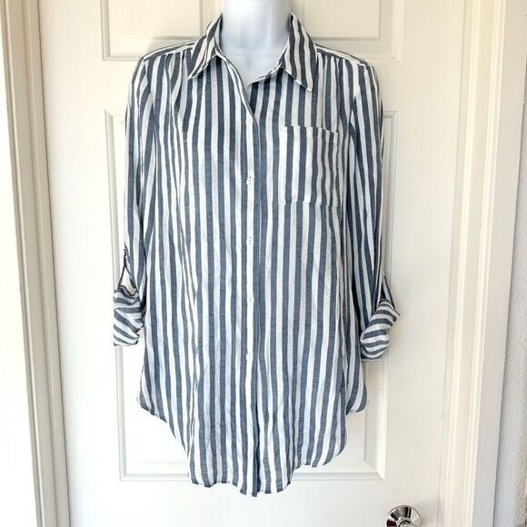 NWOT Zac & Rachel Grey Indigo Striped Button down Shirt - Picture 1 of 11